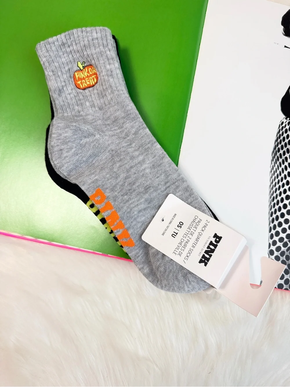 PINK Victoria's Secret Gray Ankle Socks with Orange Pineapple Accent